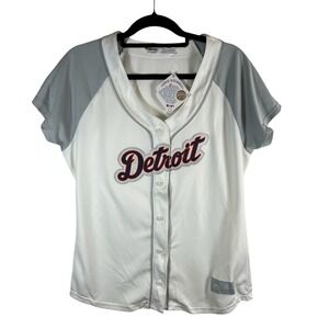 Majestic MLB Detroit Tigers Baseball Jersey Womens Large White Grey Glitter Logo